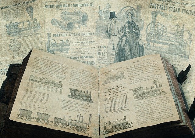 livro antigo com trens a vapor